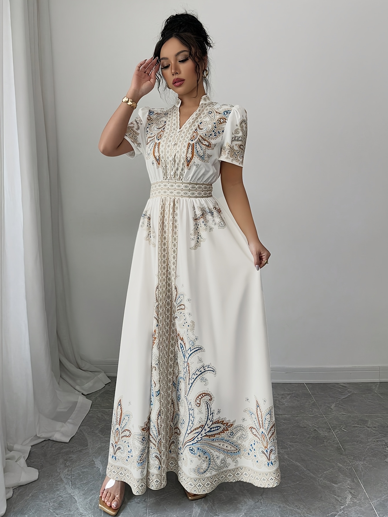 women's elegant floral print a-line maxi dress - flowy formal & casual  event gown, machine washable floral dress for wedding, party, everyday  outfits - women's floral dress, wedding attire, fitted waistband -