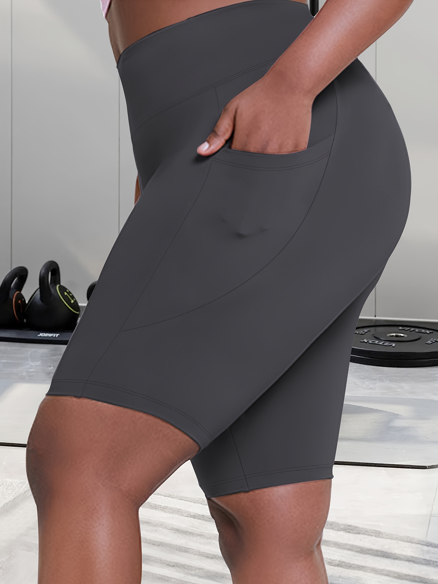 Women's High-Waisted Plus Size Side Pocket Shorts, Breathable Workout Leggings For Women, Fitness Apparel