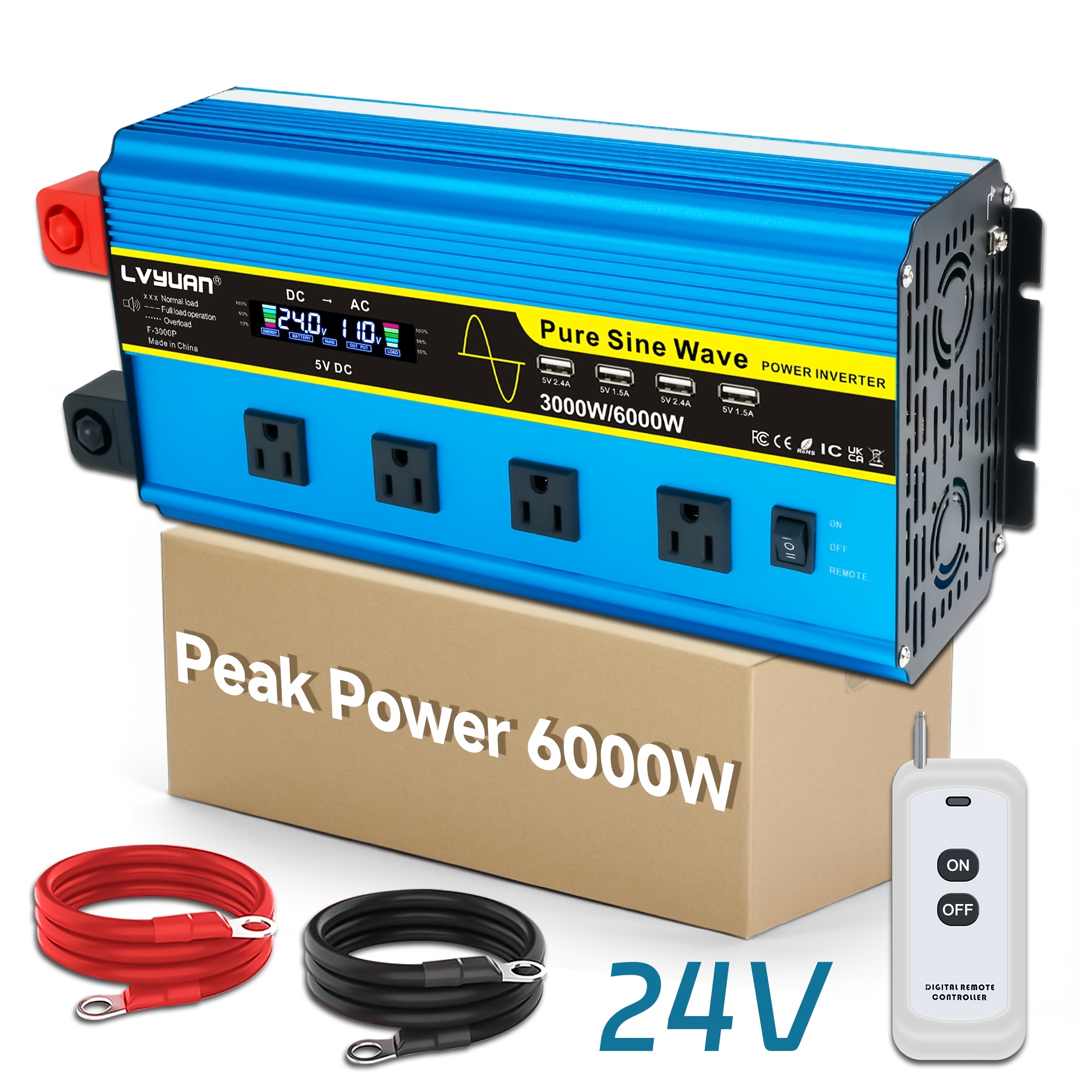   pure sine wave inverter 3000w 6000w   vehicle power converter 12v 24v   to 120v ac features ac outlets lcd display remote control 3   outlets 4 usb ports rv   trips home     supply