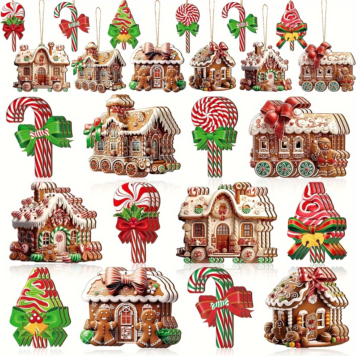 

24-piece Christmas Tree Ornament Set - Wooden Candy Cane, Lollipop, Gingerbread Man & House Figurines - Vintage Style Wood Holiday Decorations For Tree, Home & Party - No Battery Required