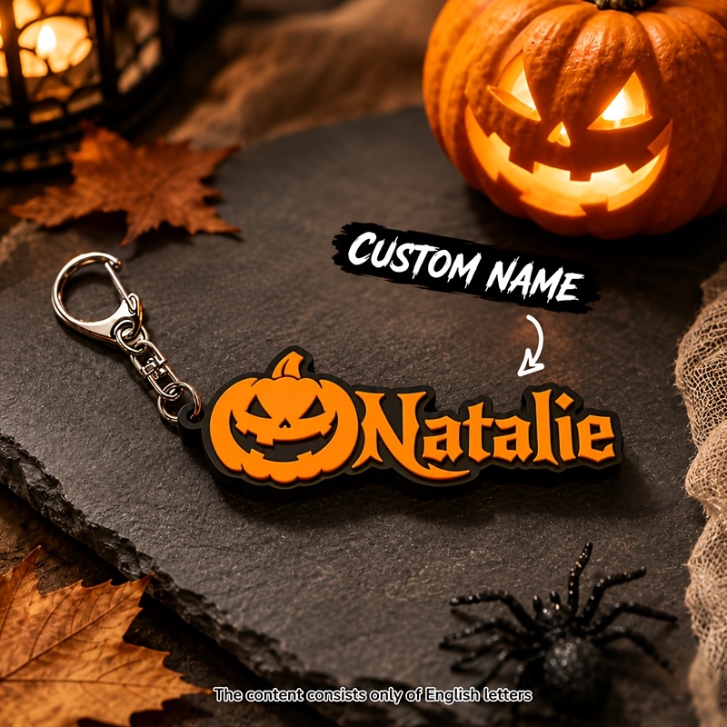 TEMU [2d Flat] [customized] 1pc Custom Name Keychain Halloween Pumpkin Jack-o'-lantern Acrylic Tag Spooky Font Double Layer Charm For Bag Luggage