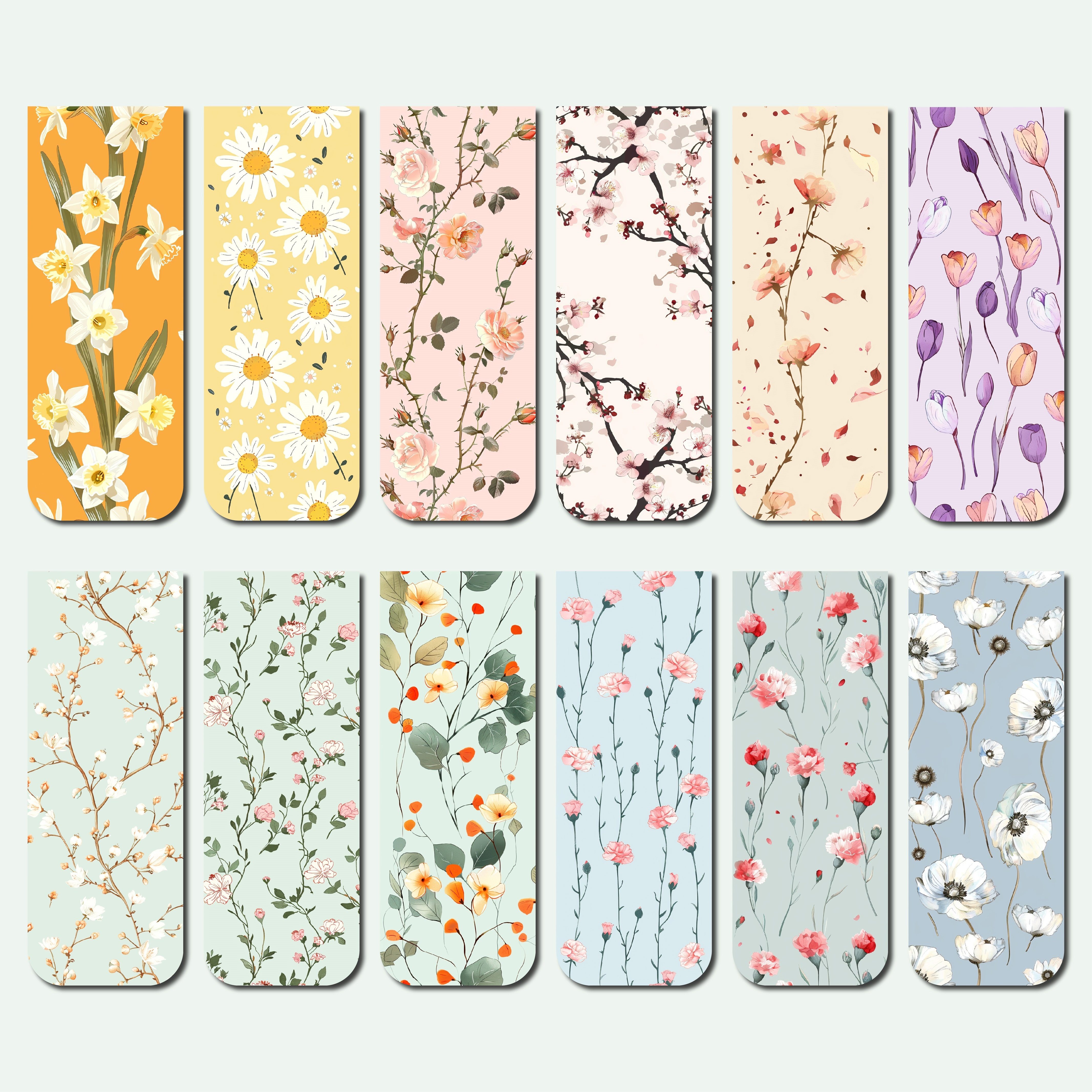 Image of Set Of 12 Magnetic Bookmarks Featuring Floral Designs, Perfect For Women Readers And Students. Assorted Page Markers Are Ideal For School And Office Use, Making A Lovely Aesthetic Gift