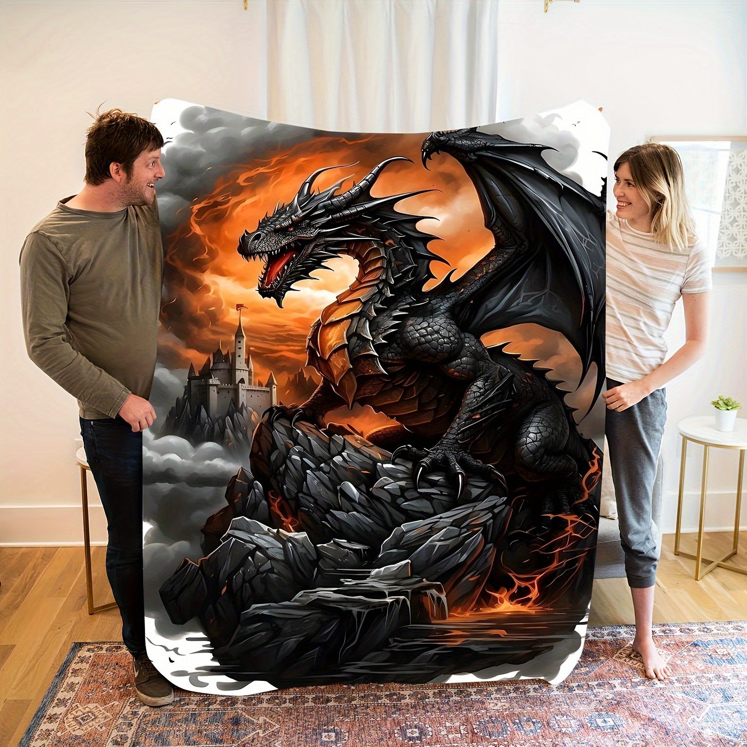 

1pc, Dragon Flannel Throw, Soft And Bed Blanket For Camping Travel, Gothic Style, Perfect Gift For Boys And Teens, Machine Washable, , , Anti-stain, , Polyester Cover, 200-250g Fabric