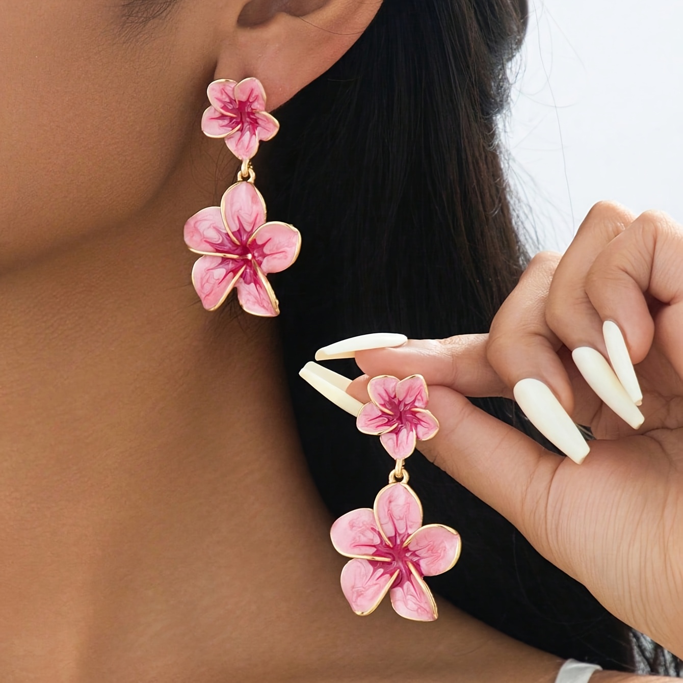 TEMU 1 Paire de Boucles d'Oreilles Pendantes Faites Main Élégantes de Luxe à Dégradé Tie Dye Rose Goutte d'Huile Aplatissement Fleur pour Femmes