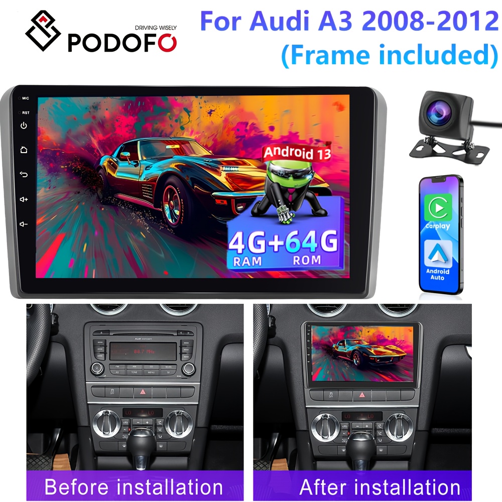 PODOFO 4+64G 15 Avtomobilski Radio za Audi A3 2008-2012 (Okvir Vključen) â€“ Dvojni Din 9-palčnim Zaslonom na Dotik, Carplay/ Auto GPS