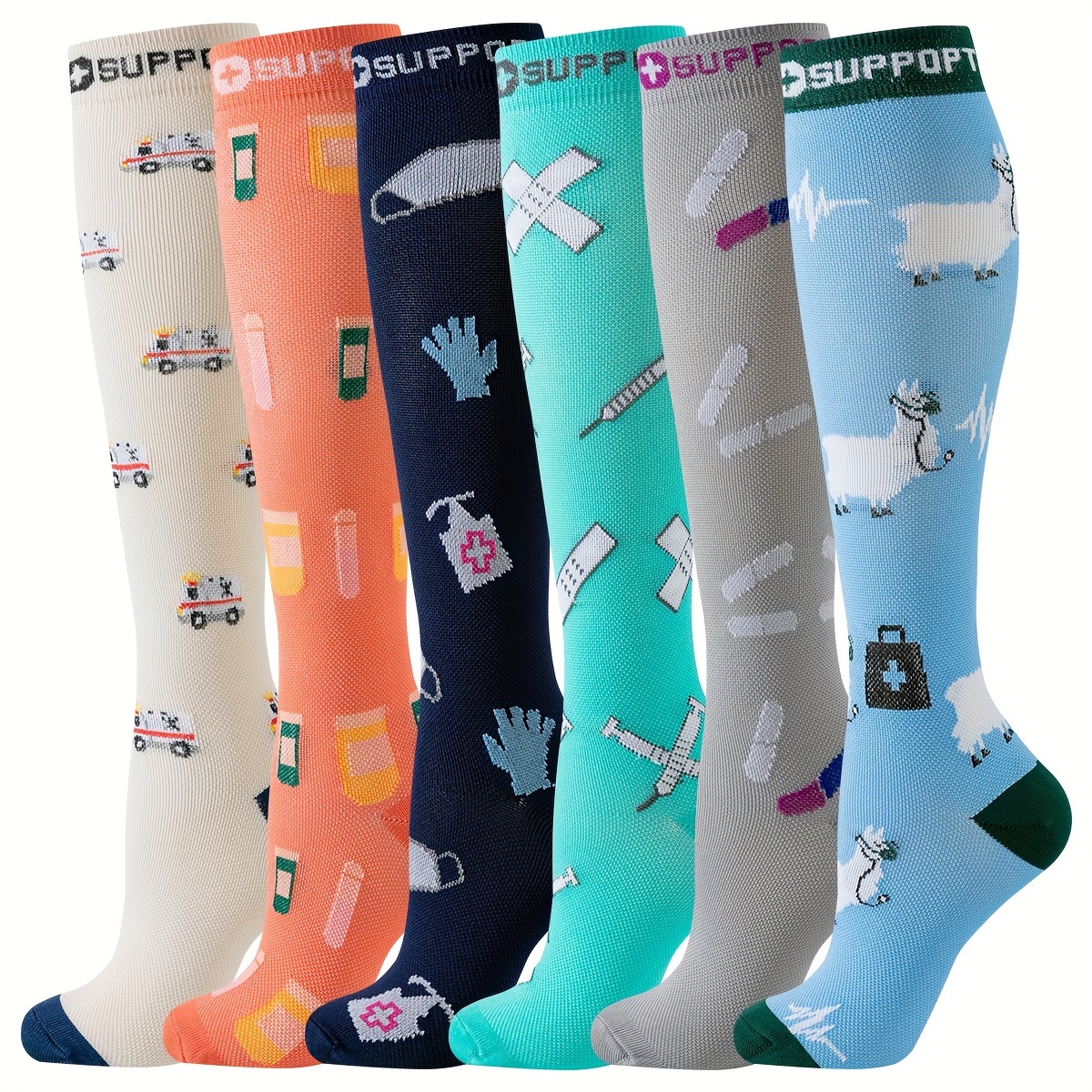 

6 Pairs Cartoon Patterned Socks For Nurses, Sports & Running - Nylon, Polyester & Spandex , Hand Wash Only, Knit Fabric