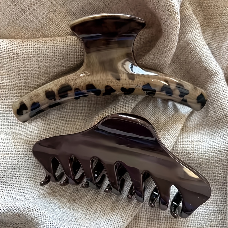 Image of 2pcs Leopard Print Solid Dark Brown Large Claw Clips, Glossy Acetate Shark Clips Suitable For Thick Hair, Vintage Ponytail Hair Clips, Women' Hair Accessories