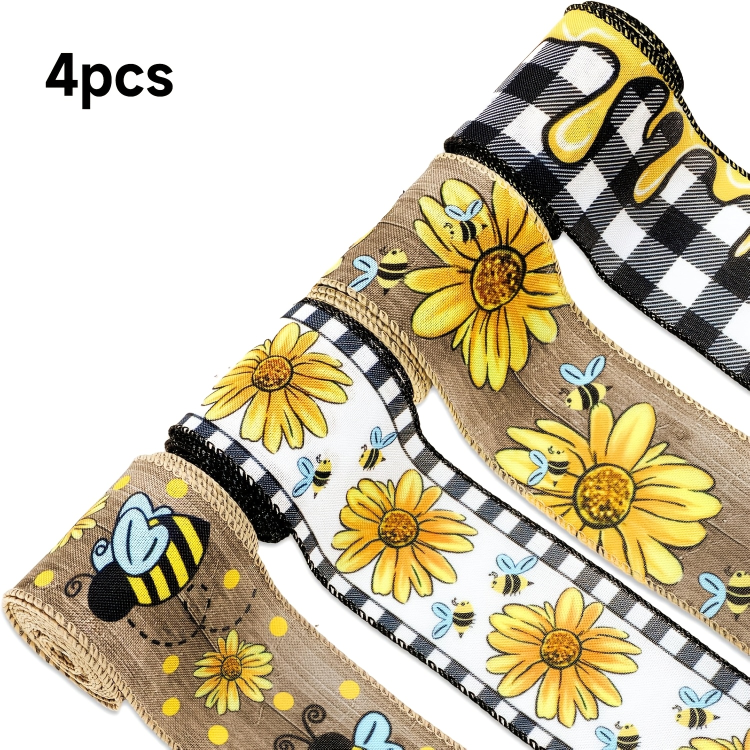 TEMU 4 Rolls Of Wired Edge Ribbon , Featuring A Summer Yellow Sunflower And . Made Of Polyester, Perfect For Festival Decorations, Bows And Wreaths,