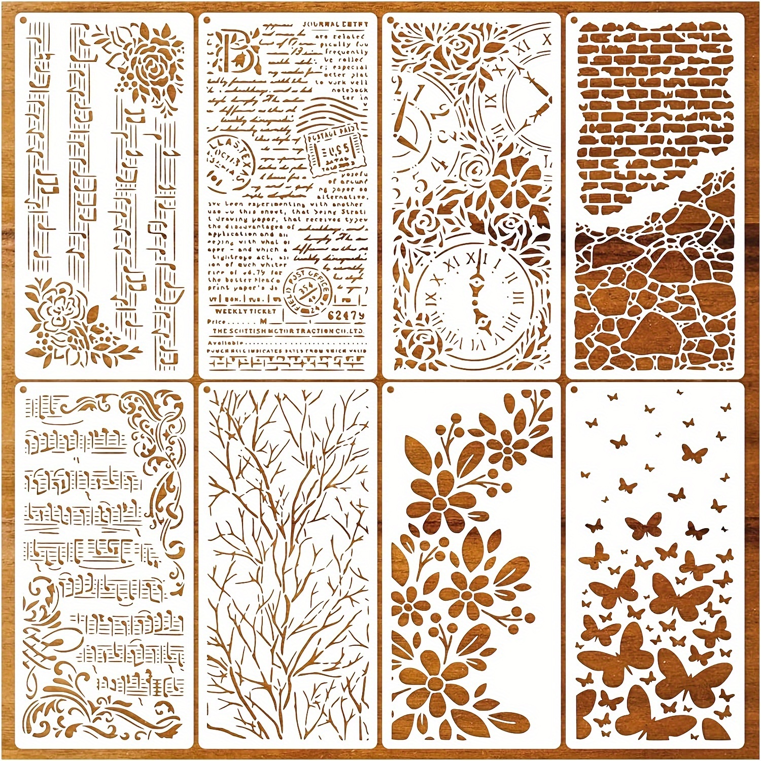 

8pcs Stencils For Crafts Reusable Musical Notes Stencil Floral Texture Background Layering Drawing Templates Stencils For Painting On Wood Furniture Paper