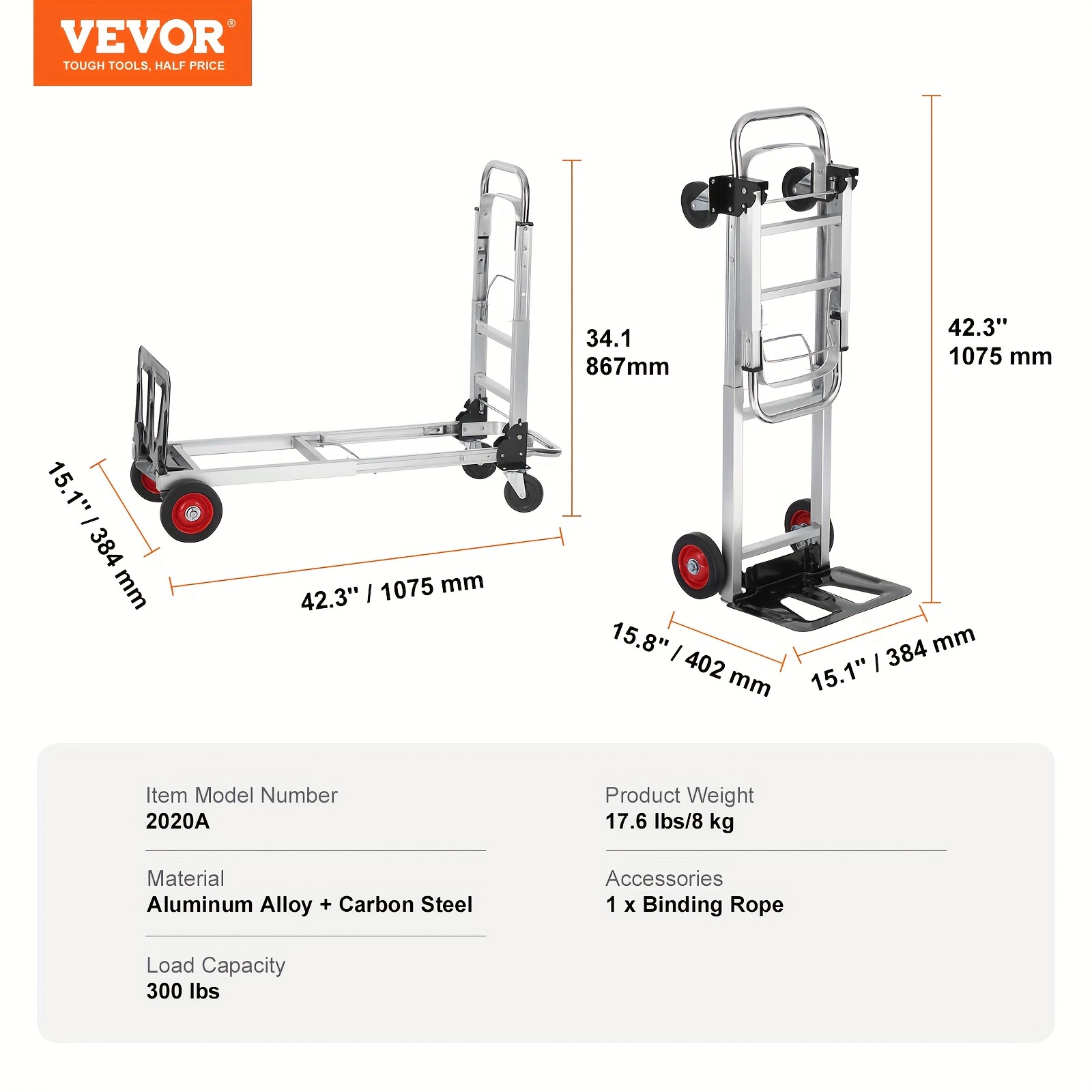 

Vevor Aluminum Folding Hand Truck, 2 In 1 Design 400 Lbs Capacity, Heavy Duty Industrial Collapsible Cart, With Rubber Wheels For Transport And Moving In Warehouse, Supermarket, Garden