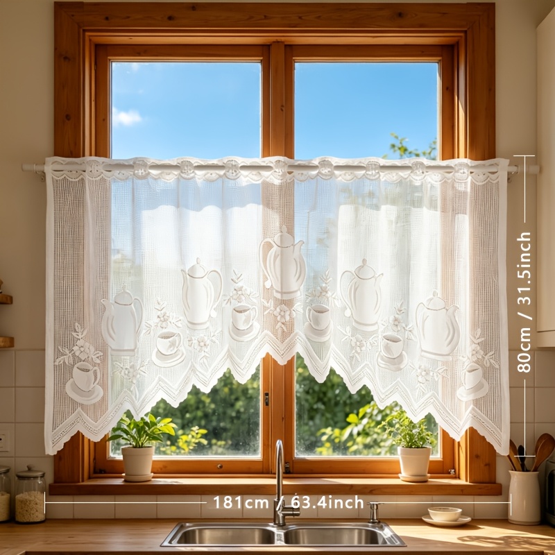 TEMU Teapot & Tea Cup Window Curtain - Semi-sheer Jacquard Lace Panel Suitable, Bay Window, Short Half Curtain With Telescopic Rod, Hanging, Machine