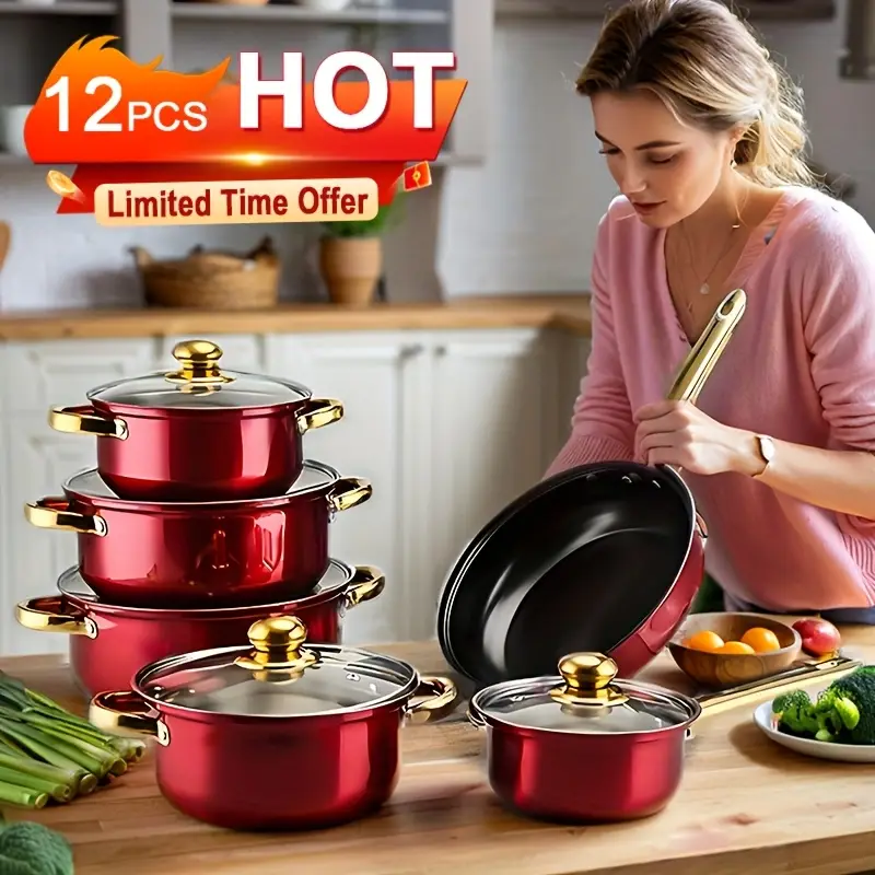 red 12pcs stainless set non stick pan set heat resistant frying saucepan versatile stylish durable suitable for induction stoves details 5