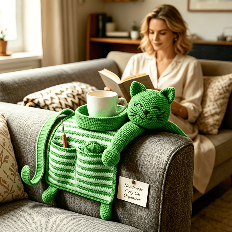 Image of Crochet Kit For Beginners - Cute Green Cat Sofa Armrest Organizer - Handmade Armrest Caddy With Cup Holder And Pockets For Crochet Tools - Complete Yarn And Hook Set, Not A Finished Product