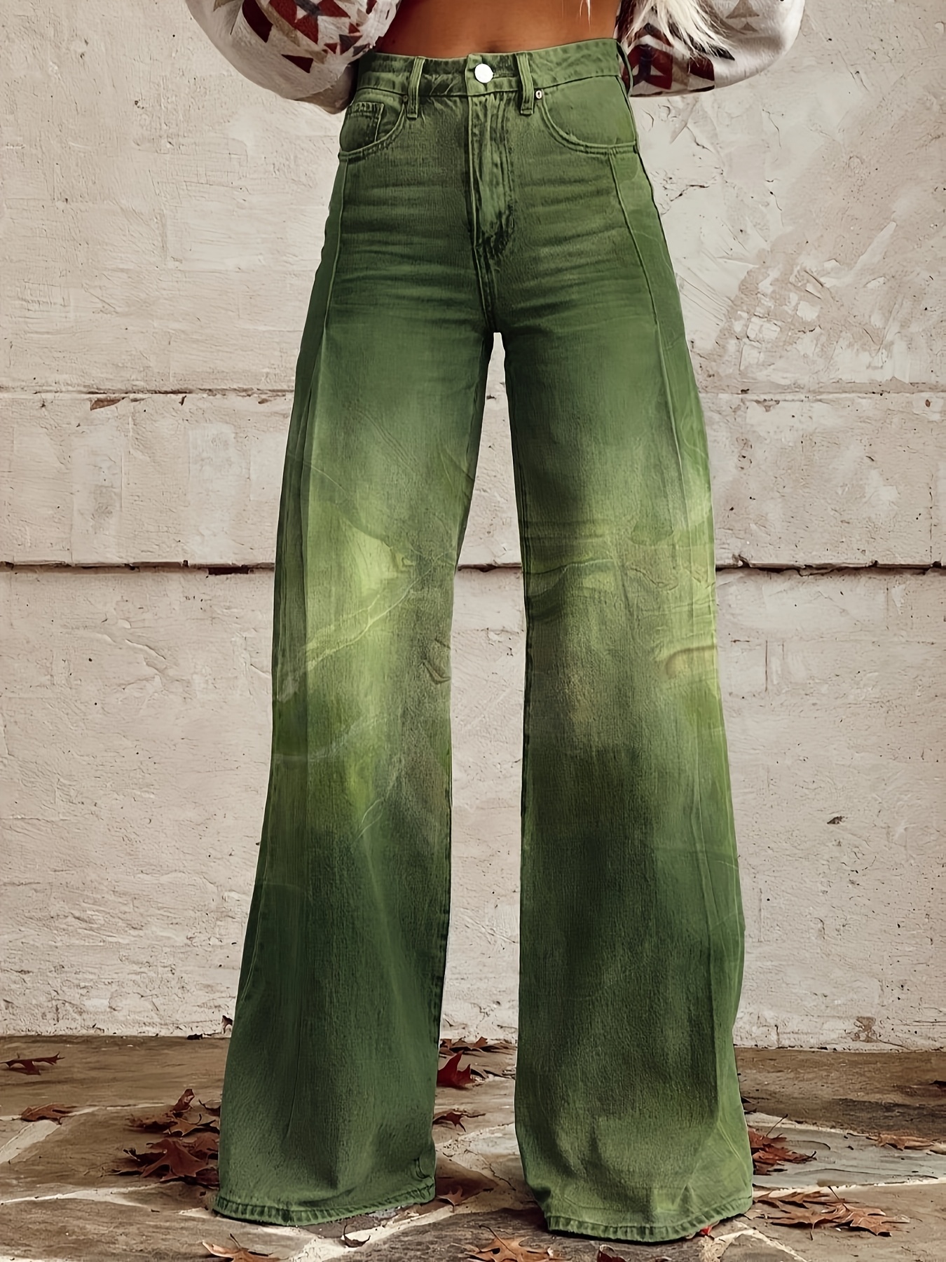 【Anyone more】Chican Green Wash Denim Wide Pants Green washing wide jean - SIMIO | 60% - Asian Fashion Online