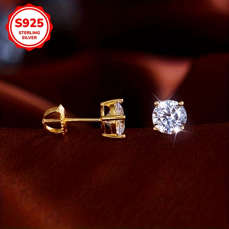 Image of A Pair Of Fashionable Gold-plated Earrings For Women, Made Of S925 Silver, Weighing 2.64g/0.093oz. Low-allergy Earrings Feature Sparkling 6mm White Synthetic Zirconia Stones Set In A Four-claw Design