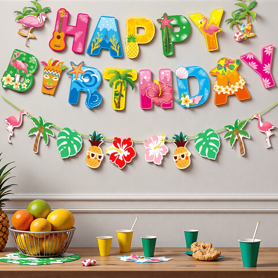 Image of 25pcs Hawaiian-themed Flamingo Palm Leaf Aloha-themed Birthday Banner | Holiday Party Decorations