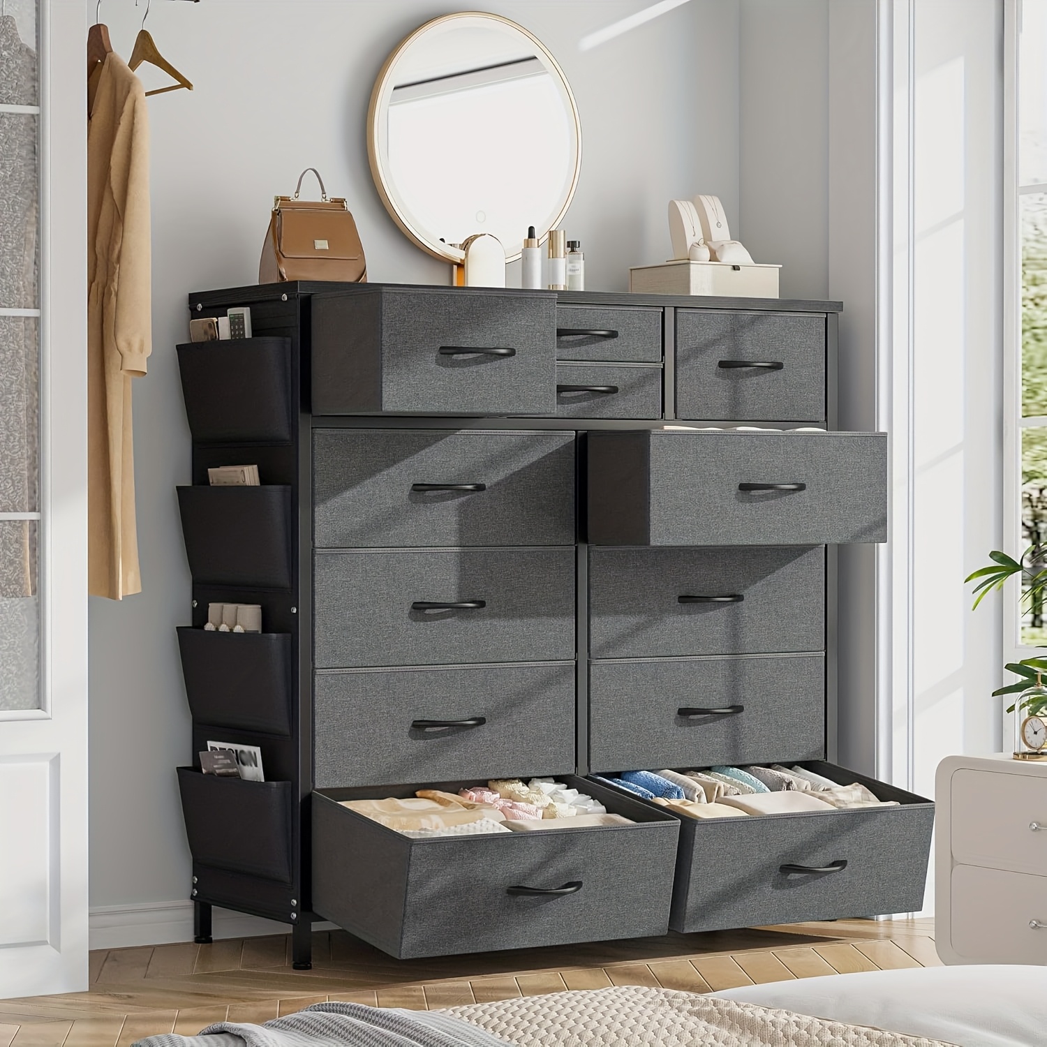 13-drawer storage dresser for bedroom - 9+4 organizer with heavy-duty  110lbs capacity, 55 inch modern wood grain dresser (black wood/tiger/pink/white)  - furniture - Temu