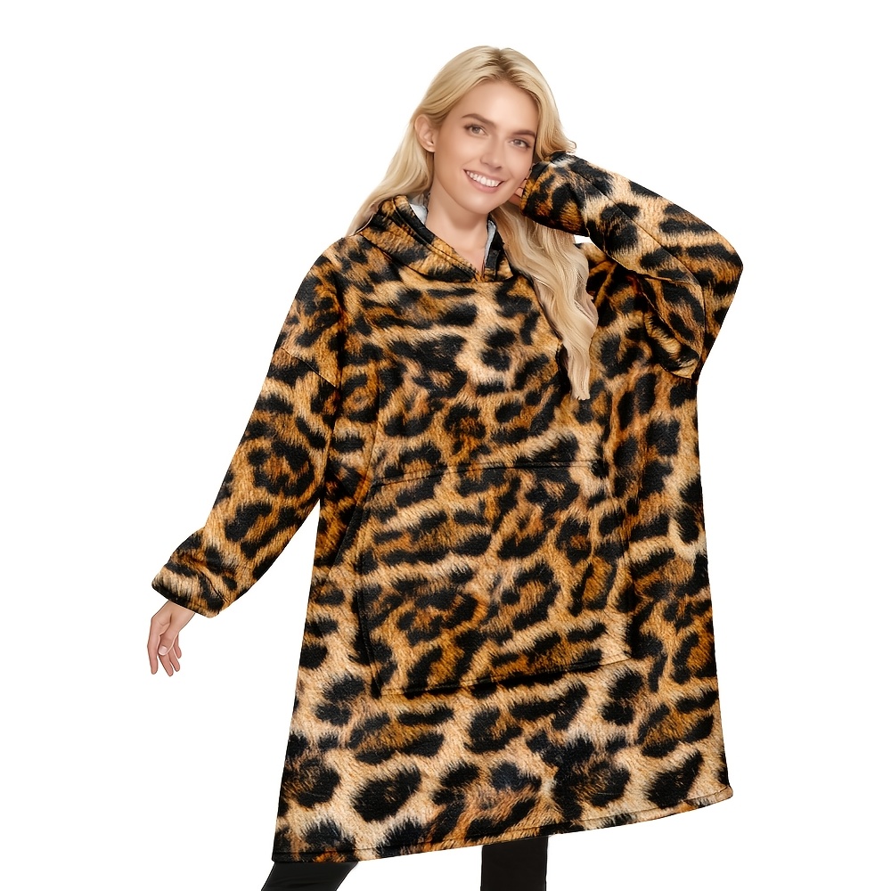 TEMU 1pc Couverture portable deluxe motif léopard, Couverture à capuche pour femmes adultes, Couverture à capuche chaude et confortable avec grandes