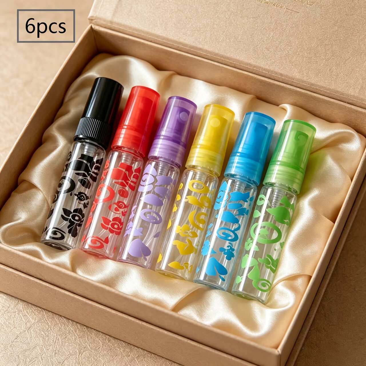 TEMU 6pcs 5ml Portable Printed Spray Mini Atomizer Bottles, Mini Pump Fine Mist Perfume Bottles, Travel Refillable Perfume Empty Bottles For -ups,