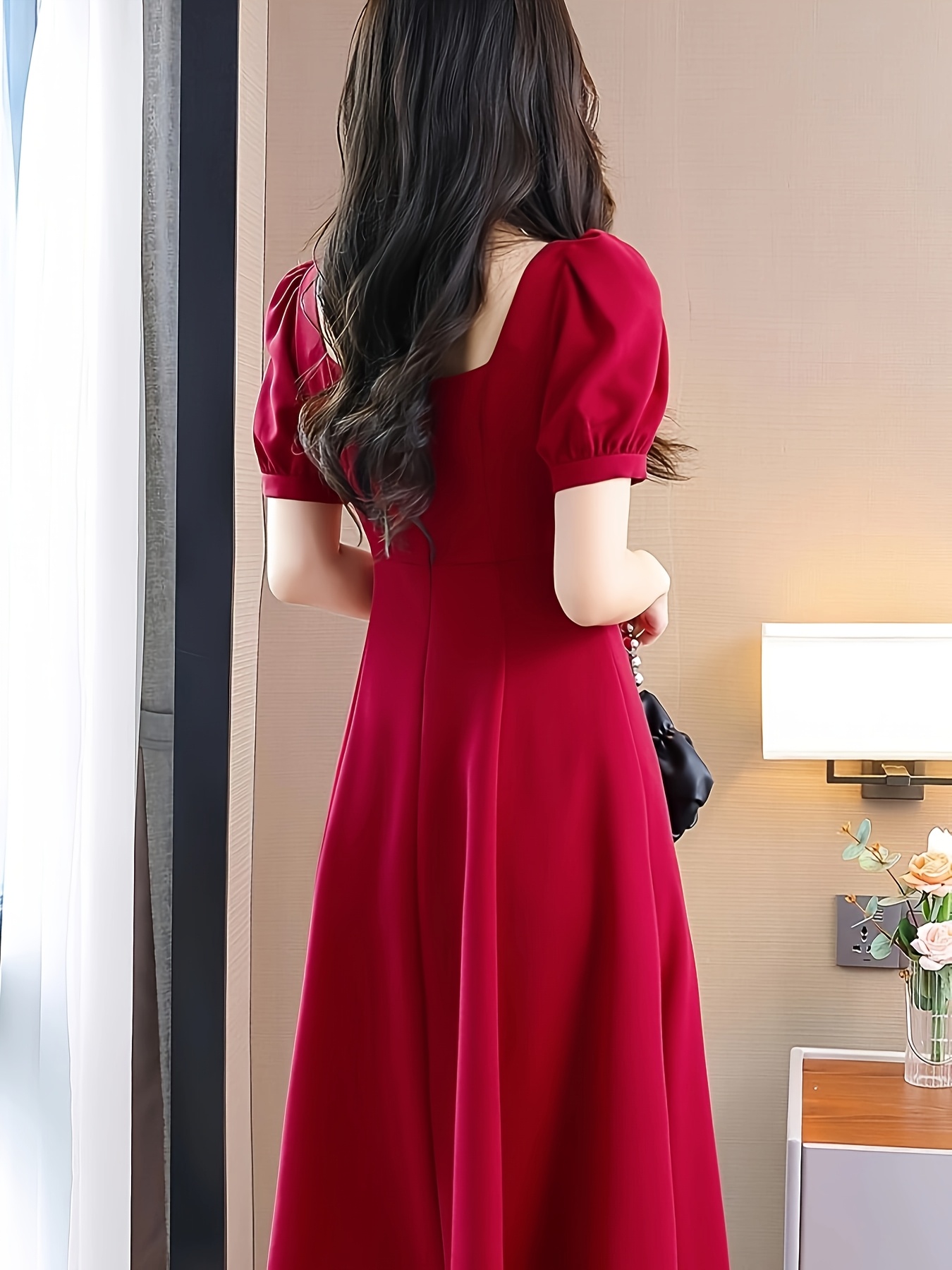 womens elegant neck midi dress fitted top flowy - Temu Oman