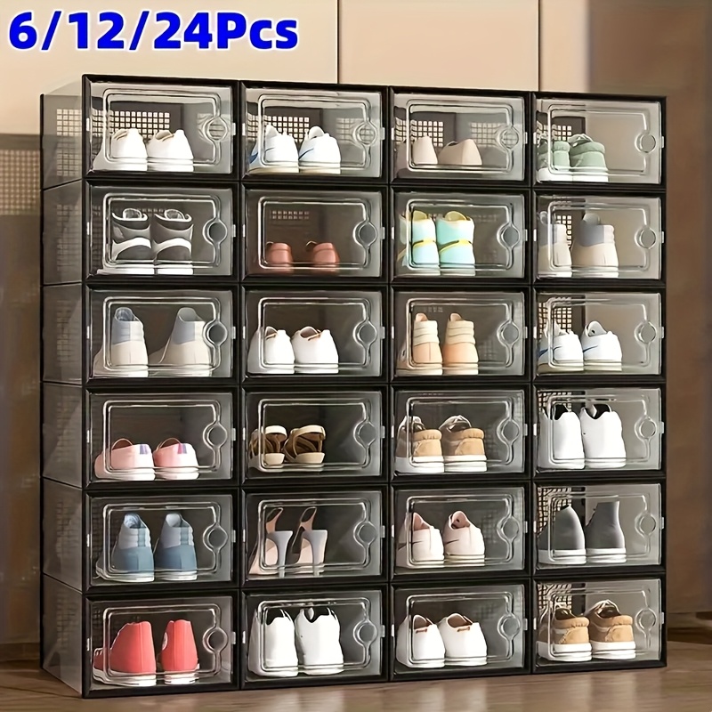 HiiKaa Shoe Organizers Storage Boxes For Closet,12 Pack Clear Plastic Stackable Storage Bins With Lids,Under Bed Shoe Containers For Entryway,Drop Front,Fit Up To Women's Size 10,Clear