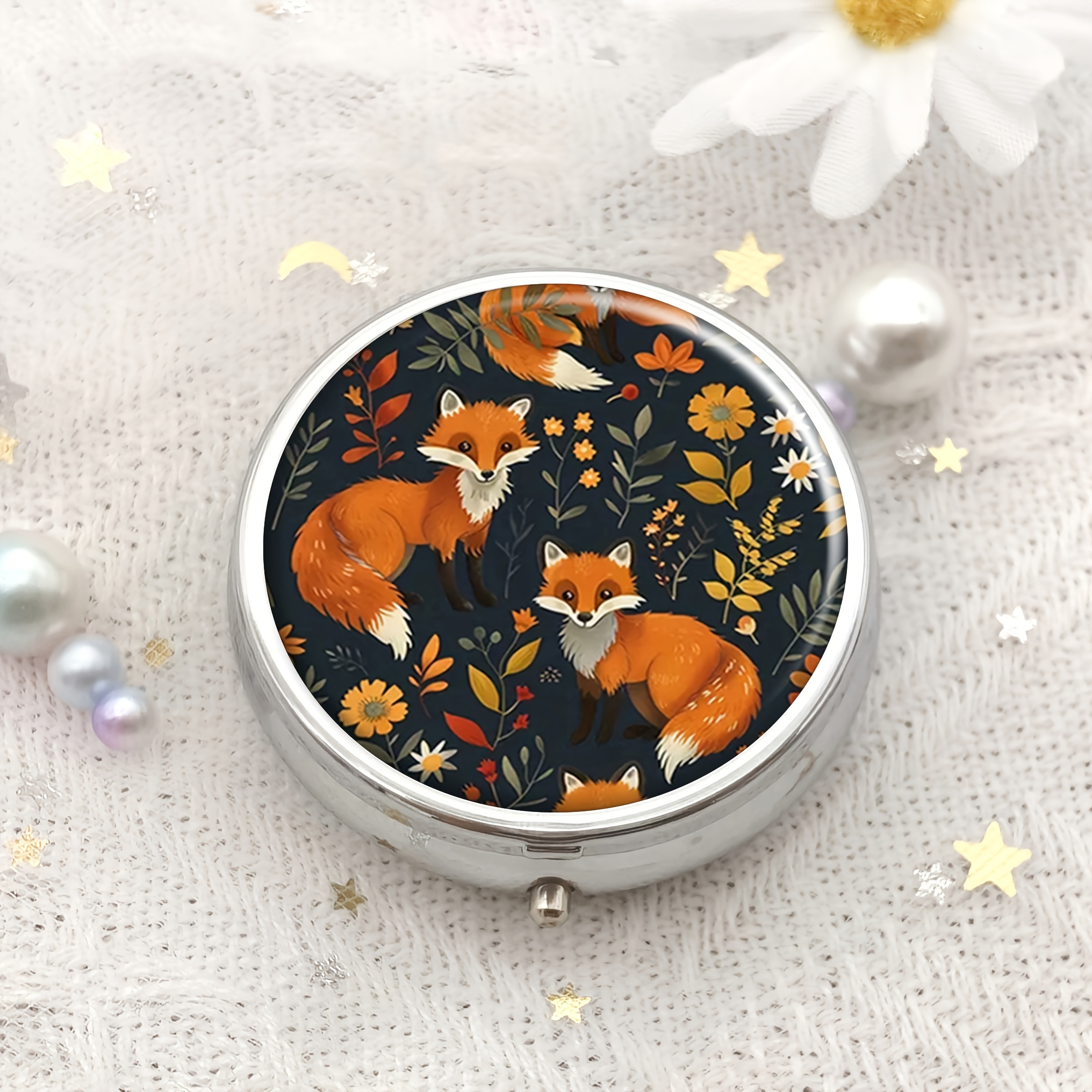 

Fox Design Pill Box - Compact Round Metal Case For Purse, Portable Vitamin & Medicine Organizer, Unique Gift Idea