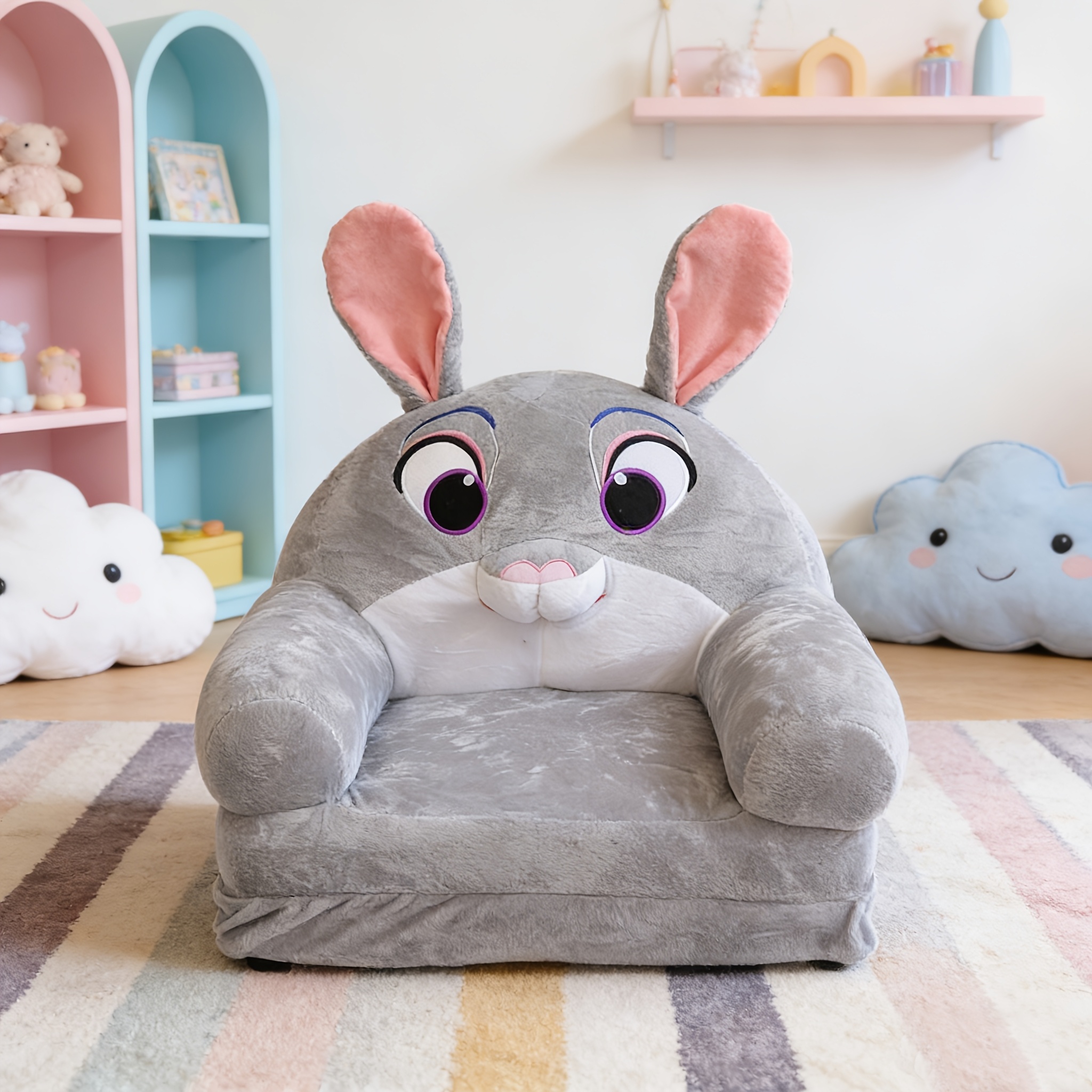 Cozy Kid Folding Sofa, Plush, Washable Lounge Chair for Playroom & Nursery, Gray Dog Style Foldable Wide Handle Soft Breathable Toddler Chair for Reading Relaxing Sleeping(2 Layers)