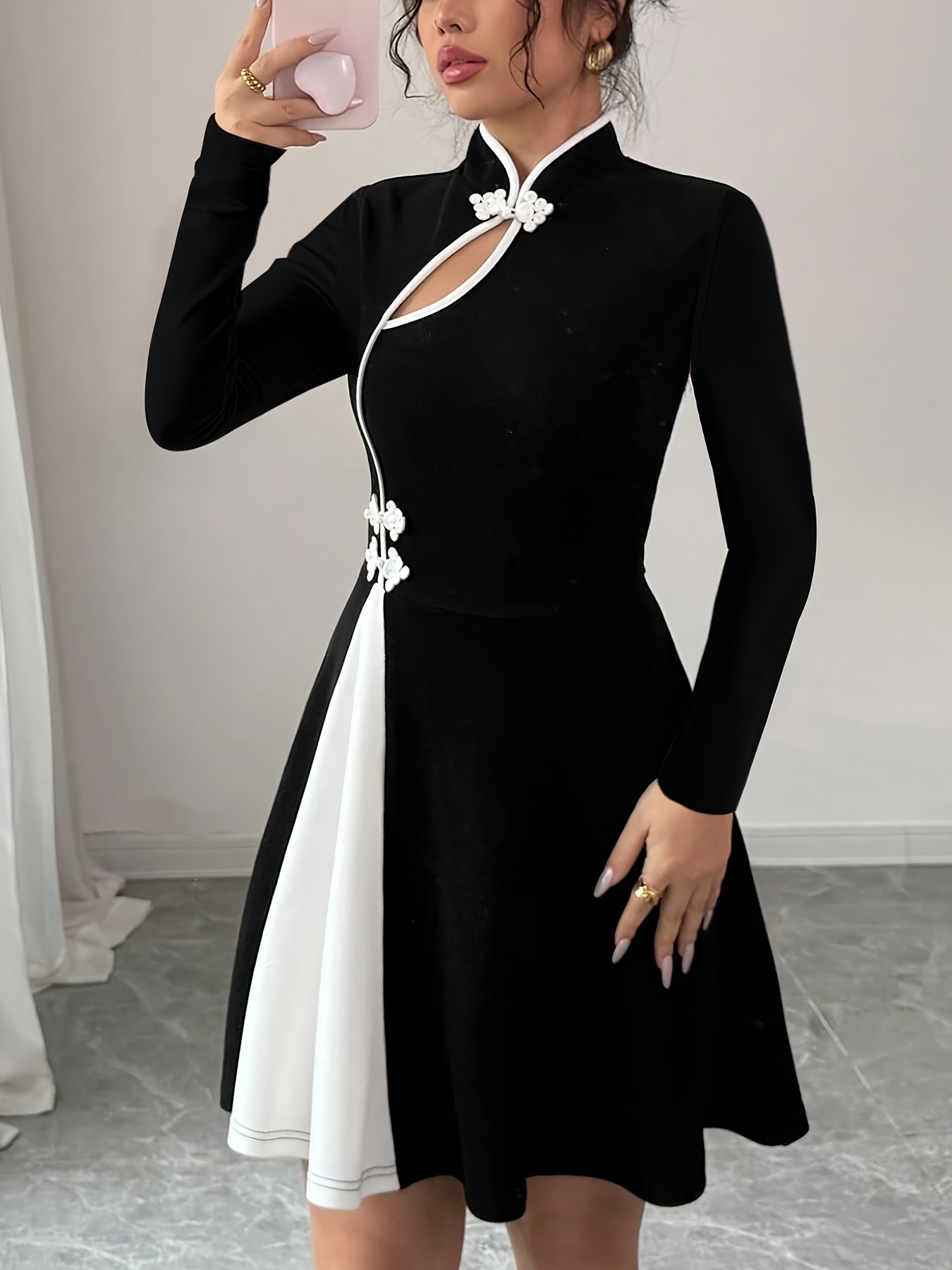 black dress neck designs Fitted High-Neck with Belt Design Midi Dress Black / S