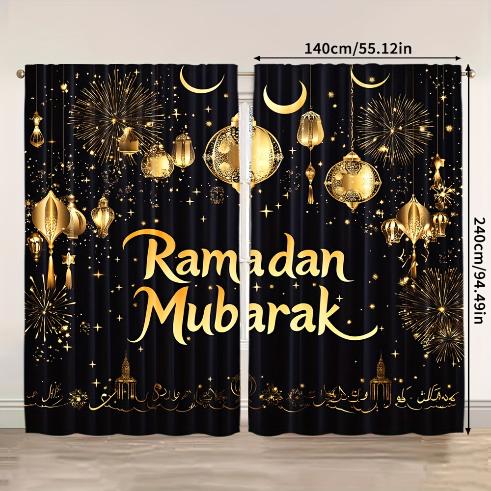 TEMU 2pcs Mubarak Ramadan Curtains - Contemporary Polyester, With Rod, Festive & Room & Bedroom Decor, Festive Room Decor | Festive Curtains |