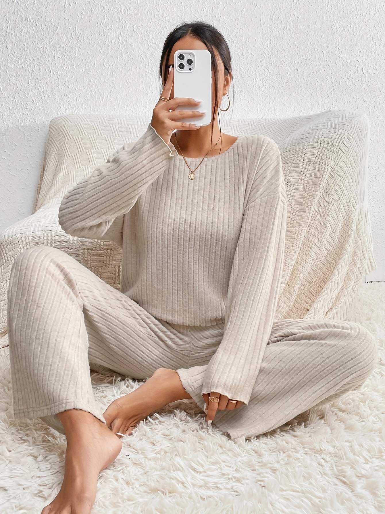 Ribbed Casual Spring Fall Two piece Set Crew Neck Long - Temu