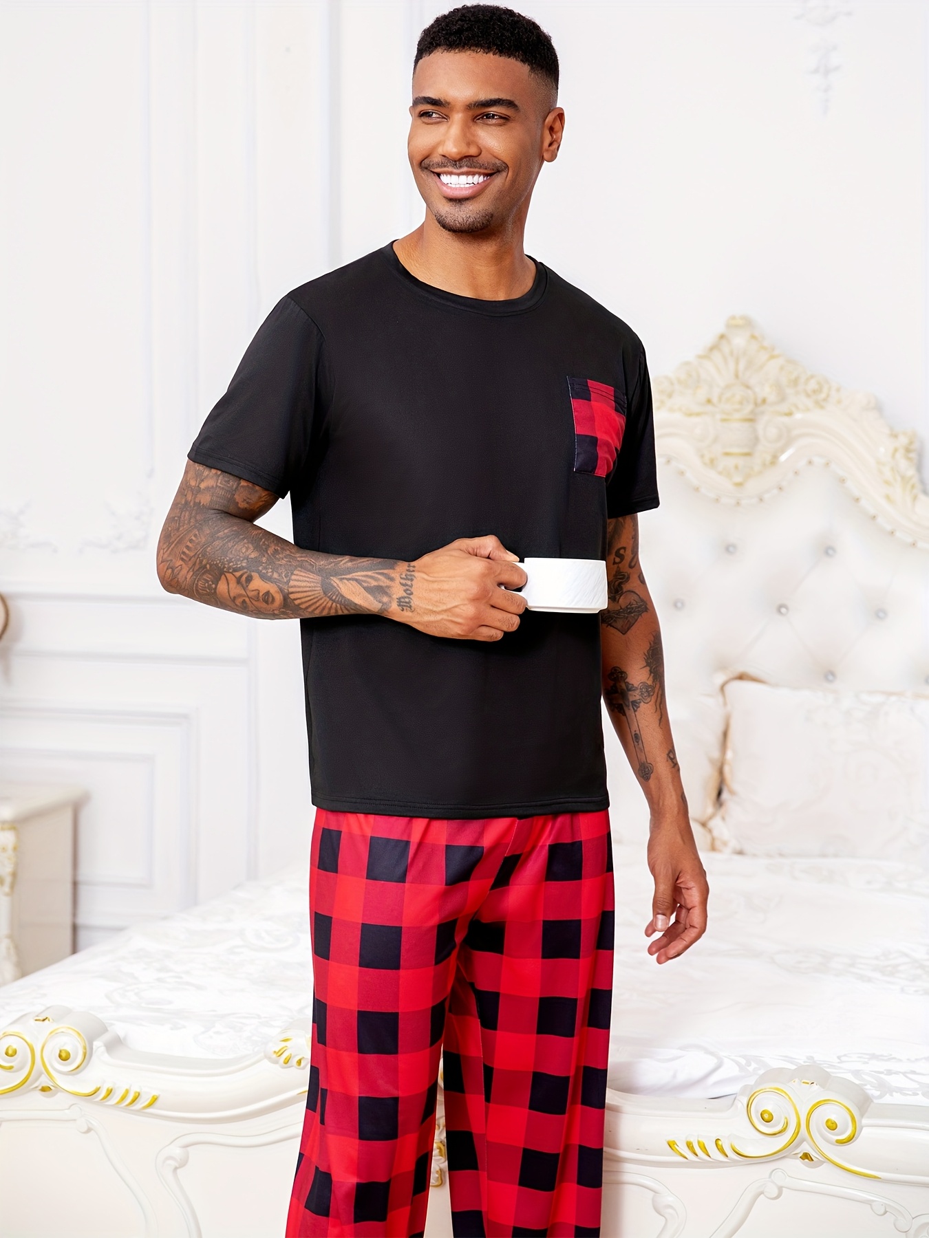 Conjunto Pijama Camiseta Pijama Hombre Pijama Pantalones Cuadros