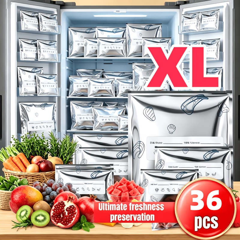 TEMU 36pcs Xl Extra Large Thick Reusable Aluminum Foil Food Storage Bags, Sealed Design - Moisture And Odor Resistant, Suitable For Fridge And