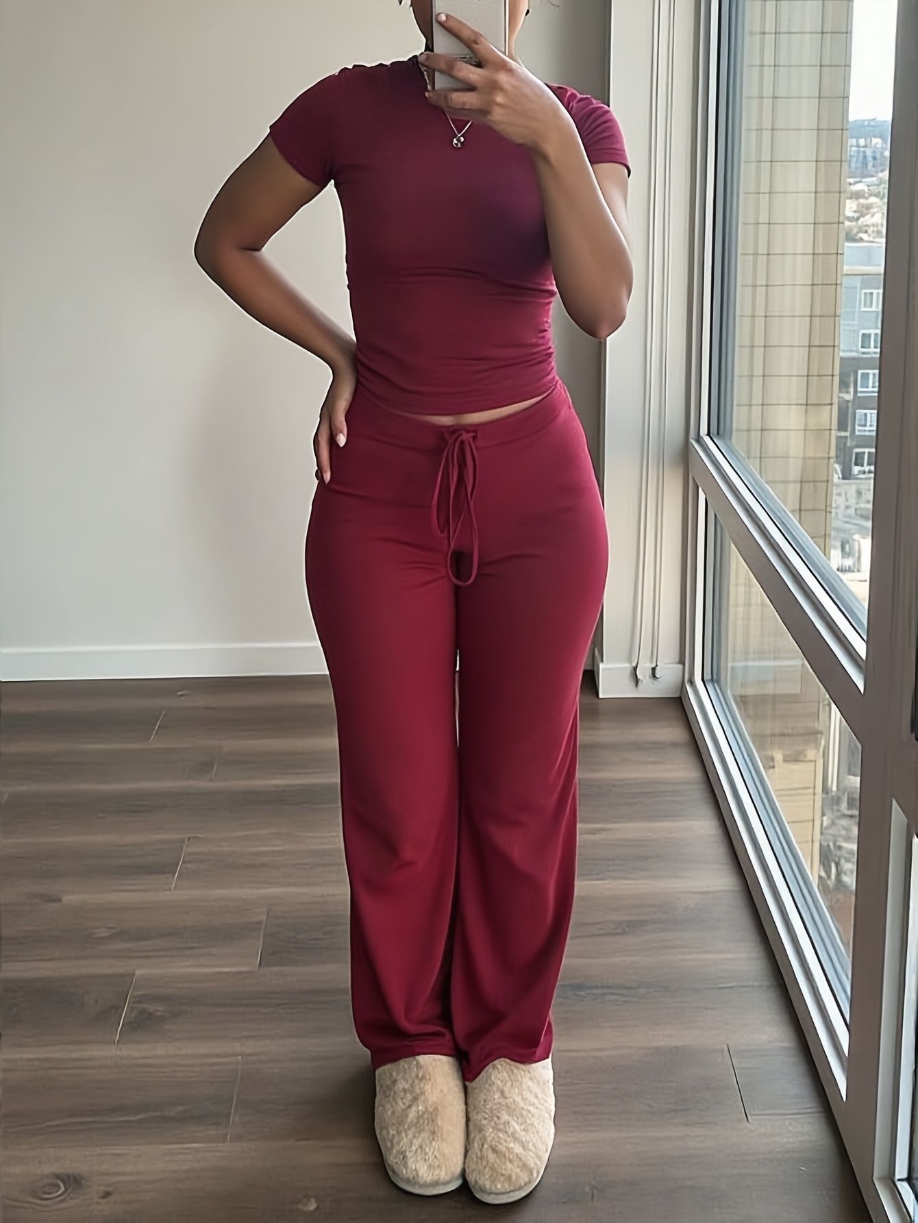 FINAL SALE - Nolan Fleece Tulip Waistband Pants - Maroon main image 0