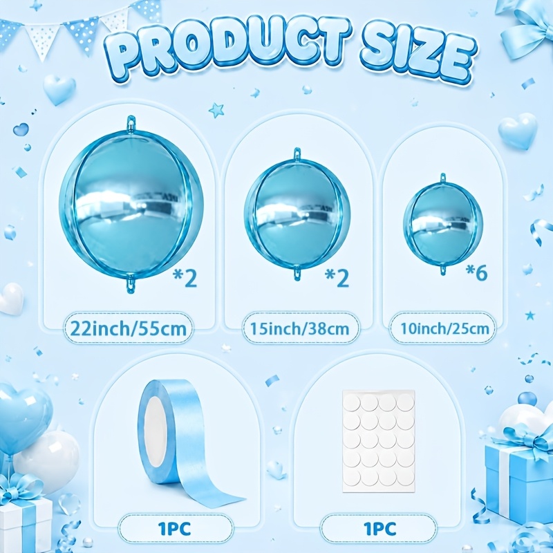 TEMU 12pcs Set Of Pearlescent Blue Round Foil Balloons, Including 22-inch, 15-inch, And 10- 4d Balloons, For Valentine's Day, Birthdays, Graduations,