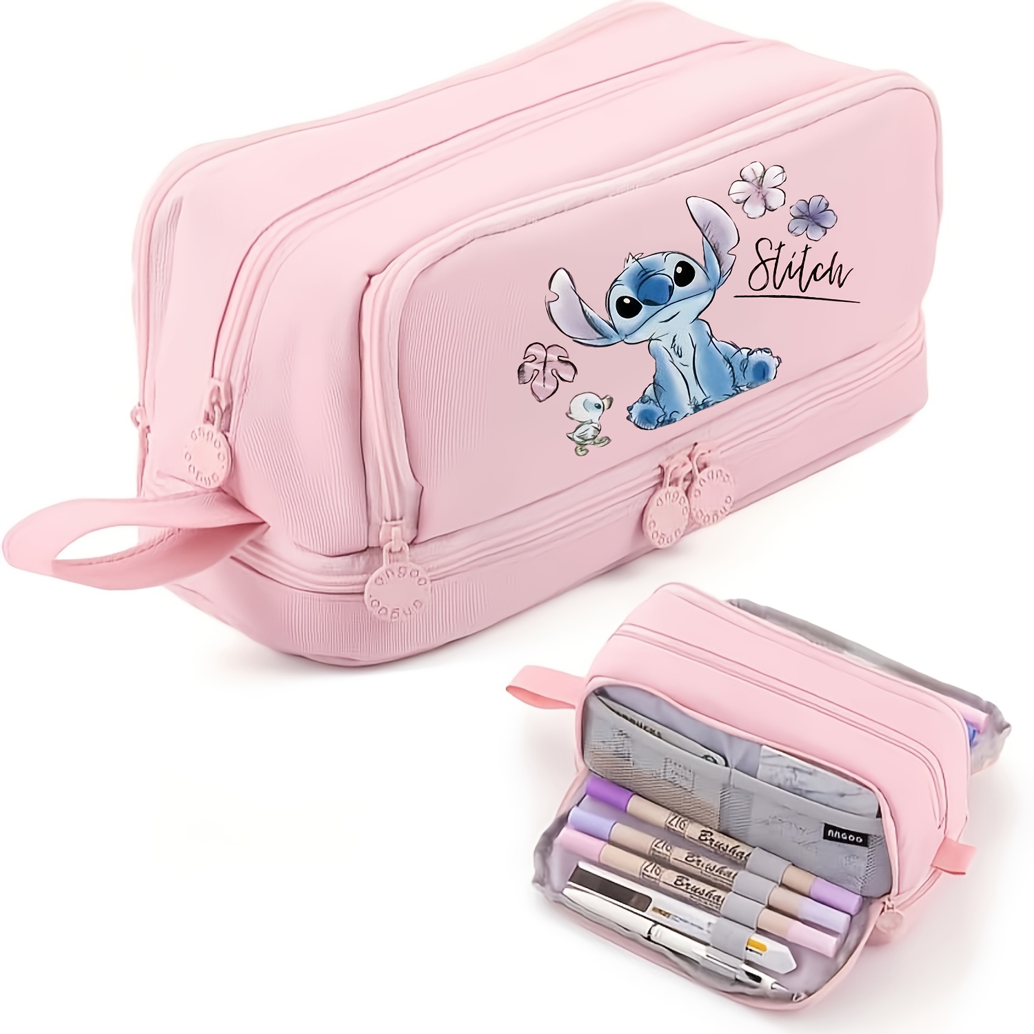 E-shop Disney . Lilo & Stitch Stitch 5-Farben Federmäppchen | Pink/Blau/Schwarz/Mint/Lavendel, Niedlicher Stitch mit floraler Dekoration, Must-Have für