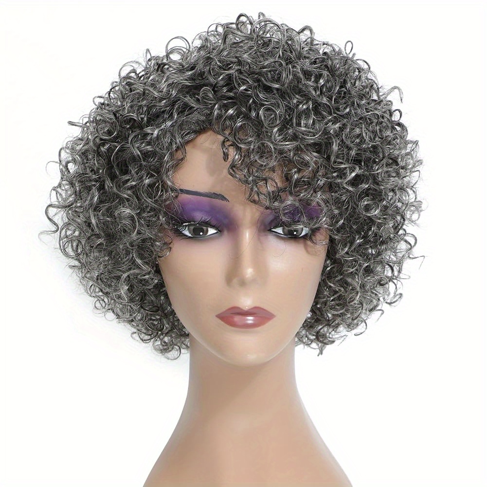 Glueless Wig Grey Short Curly Wig Cut Human Hair Wigs For Women Non Lace Machine Made Wigs Human Hair Salt And Pepper Color For Older Women Breathable Daily Wig