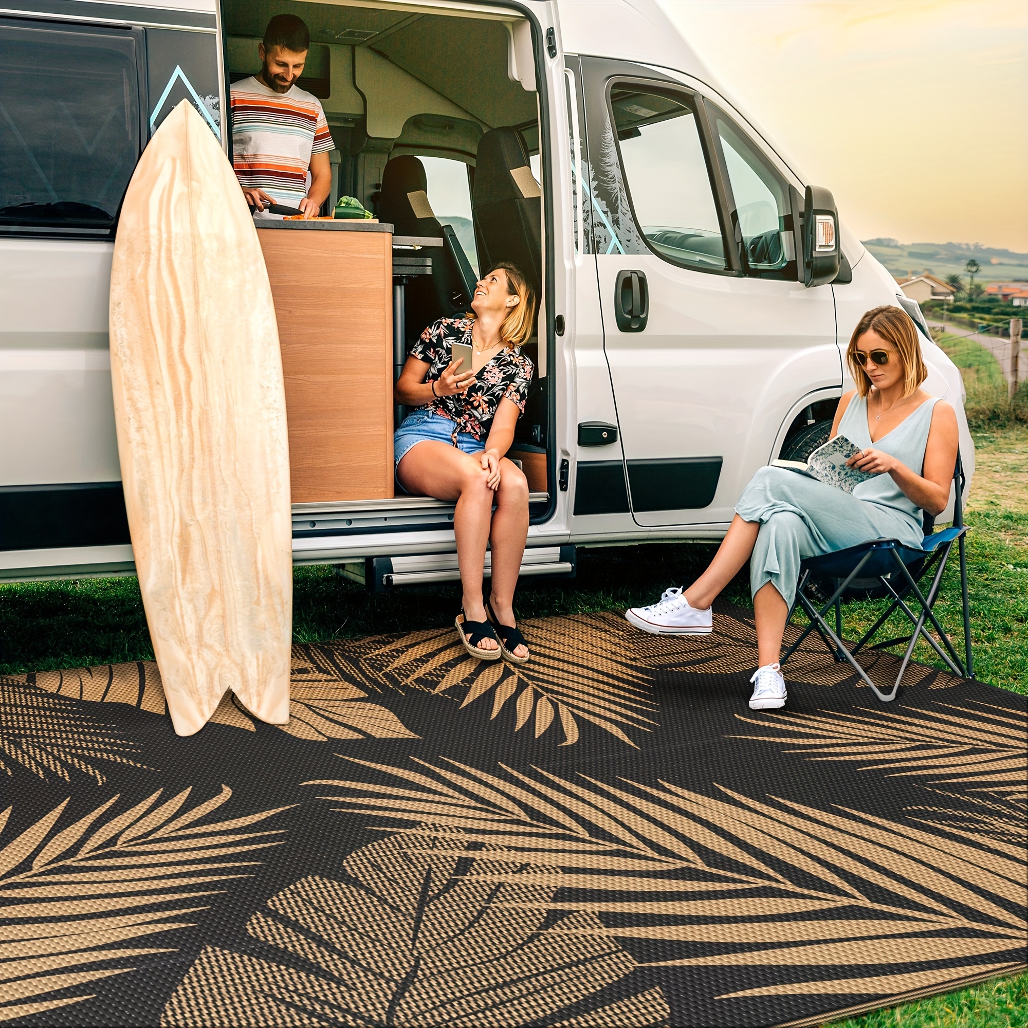 

Outdoor Rug Waterproof For Patios Clearance, Reversible Outdoor Plastic Straw Camping Rug Carpet, Large Area Rugs Mats For Rv, Camper, Deck, Balcony, Porch, Beach, Picnic, Black& Brown