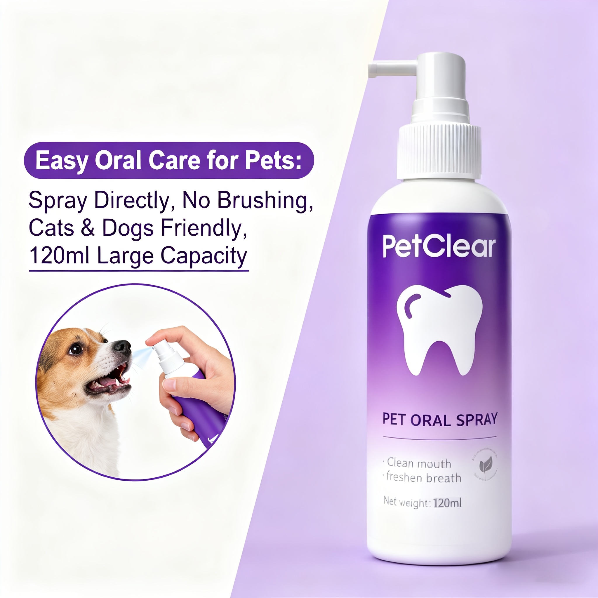 Pet Oral Spray 120Ml Two-In-One / Cleans Teeth And Freshens Breath / Eliminating Odors And Controlling Tartar / Gentle Formula Suitable for Both Cats And Dogs