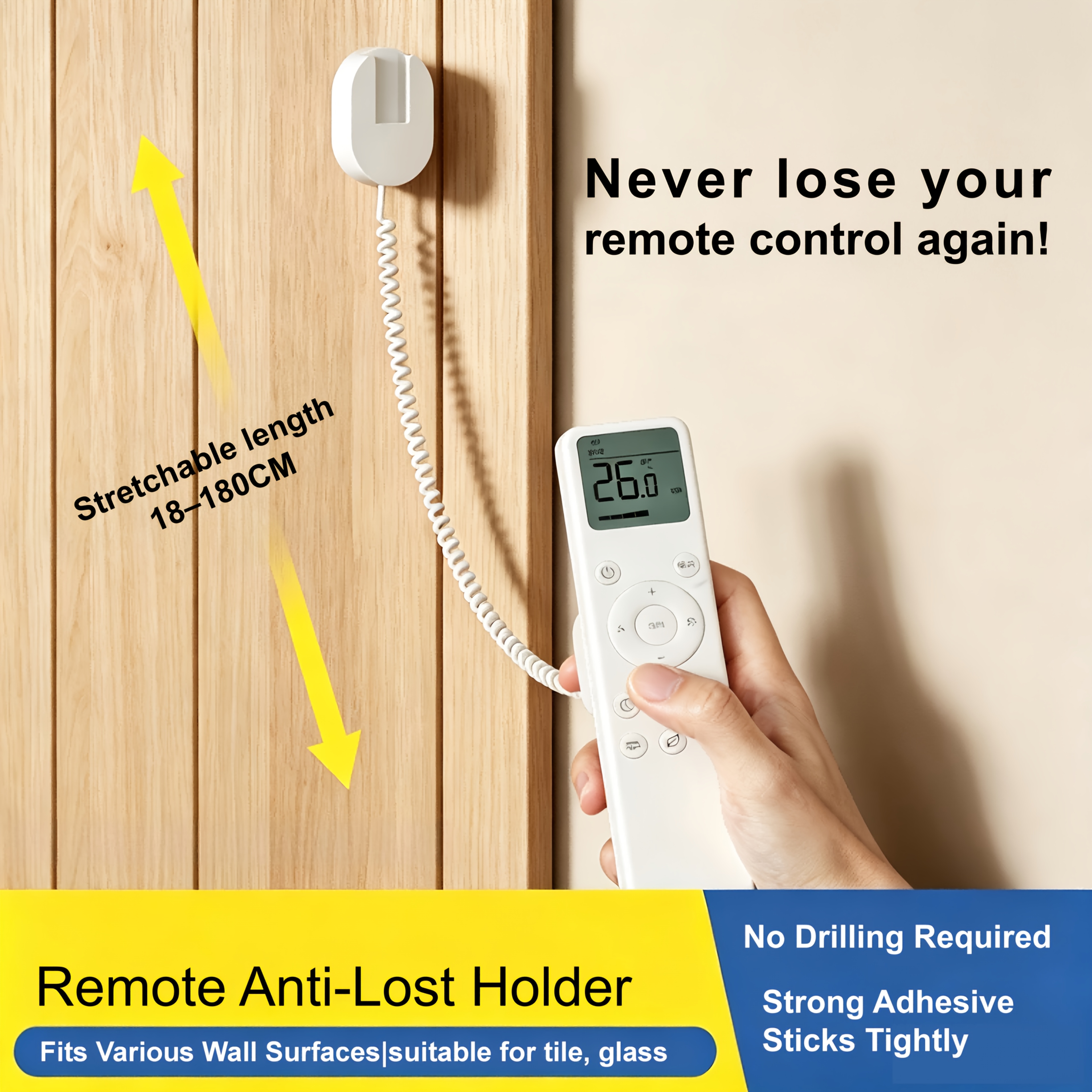 TEMU Magnetic Retractable Remote Organizer - No-drill Strong Adhesive, Extends To 180cm - Wall Mount With Stretch Cord For Tv And Ac Remotes, Perfect