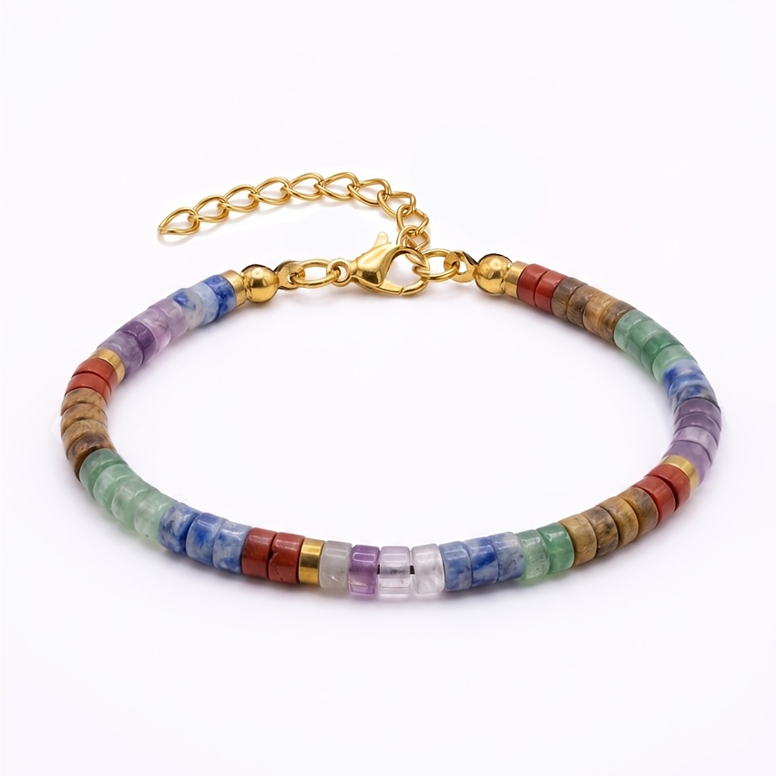 TEMU 7 Chakra Natural Stone Beaded Bracelet For - Adjustable Wristband With Chakra Card, Bohemian Yoga Meditation Jewelry Suitable For Daily Wear,