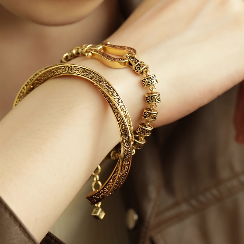 Chinese Style Copper Cuff Bracelet Floral Pattern Bangle