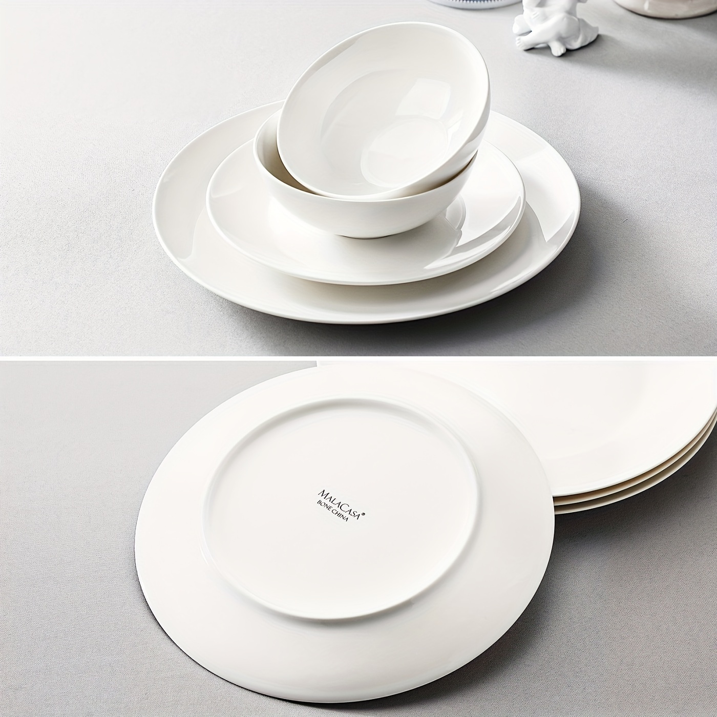 Bone China Dinnerware Set for 4, 12pcs Cream-White Plates And Bowls Sets,  Scratch Resistant Dinner Plates, Dessert Plates Small Cereal Bowls, Dishwash