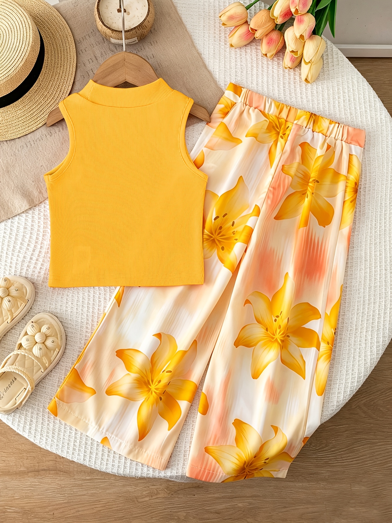 girls set ribbed sleeveless vest and floral print wide leg pants 2pcs vacation casual outfit for outdoor
