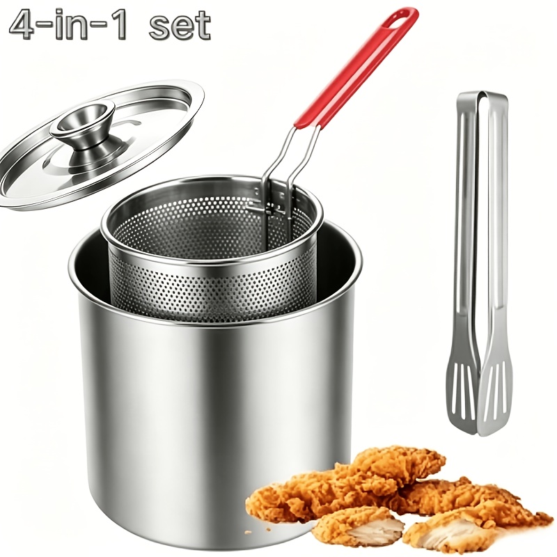 TEMU 4-in-1 Stainless Steel Deep Fryer, With Basket, Lid, Tongs And Removable Handle, Food-grade Stainless Steel, Multifunctional Deep Fryer Suitable