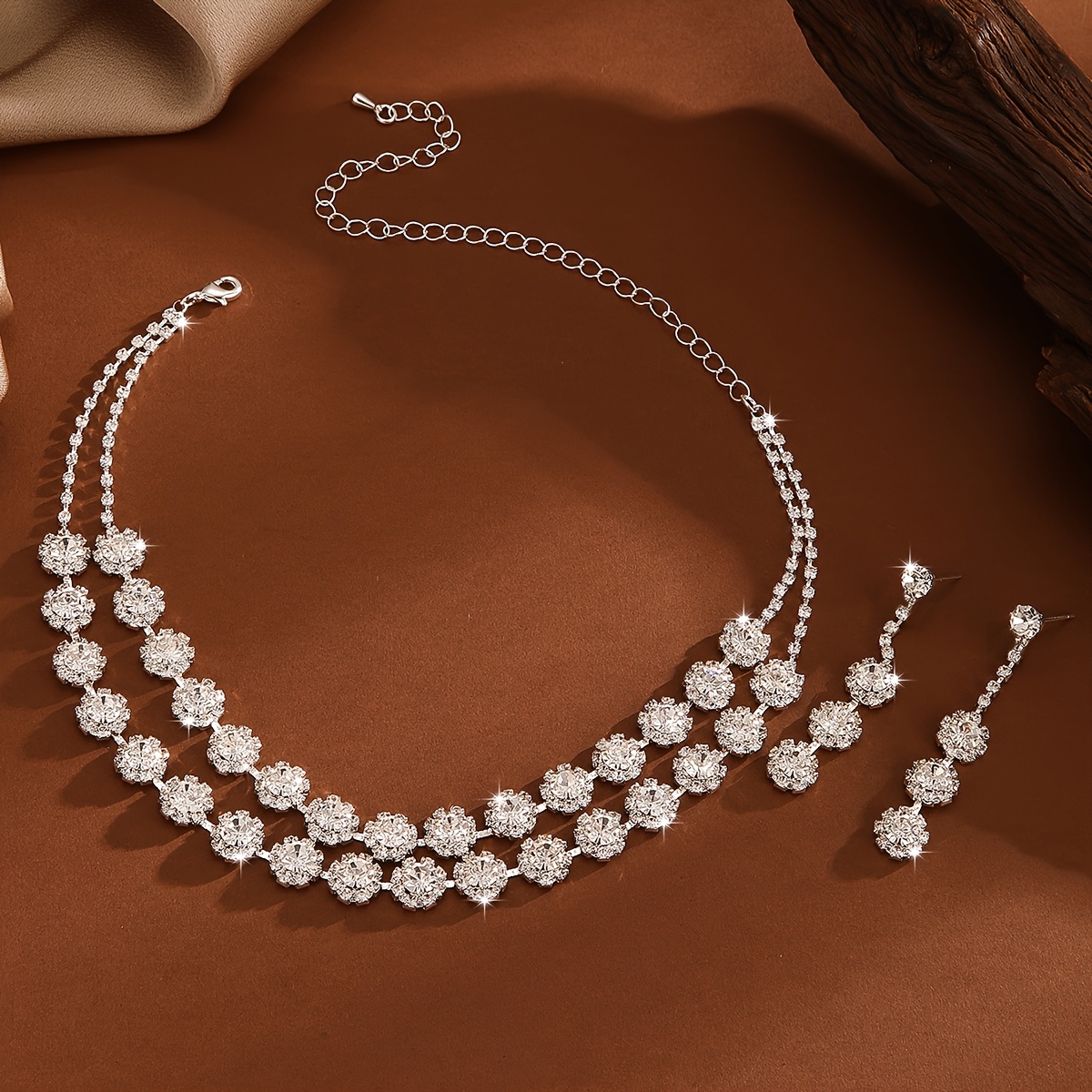 3pcs 女士珠宝套装水钻双层铜满镶水钻项链套装新娘饰品套装婚礼派对宴会首饰 商品详情 2