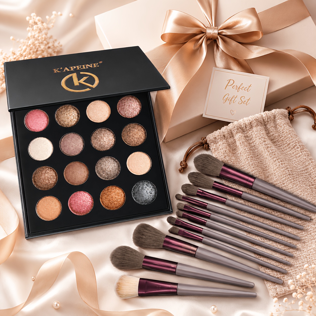 Image of K'apeine Women's And Girls' Makeup Gift Box - Includes 16-color Baked Pearlescent Eyeshadow Palette And 13pcs Makeup Brush Set, -one