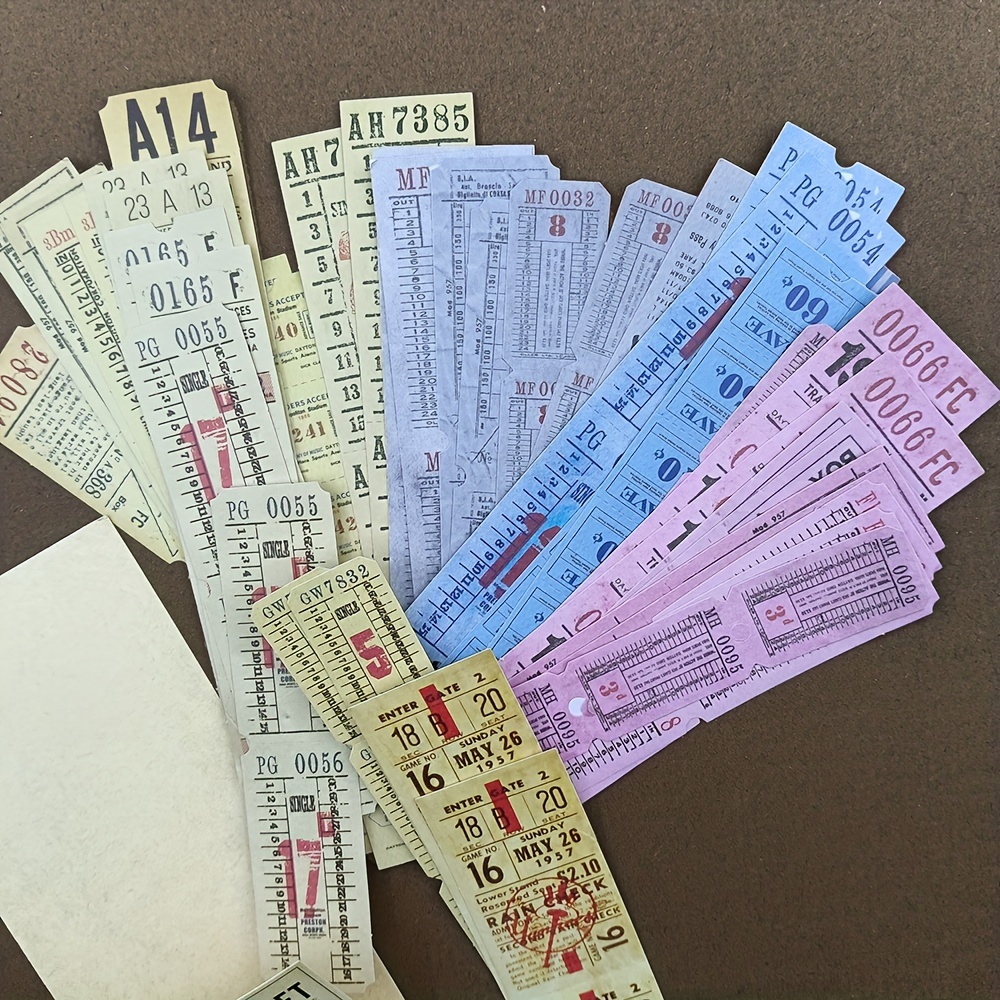 

50pcs Ticket-themed Stickers, Retro Long Ticket Diy Journal Decoration Collage Material, Paper Stickers