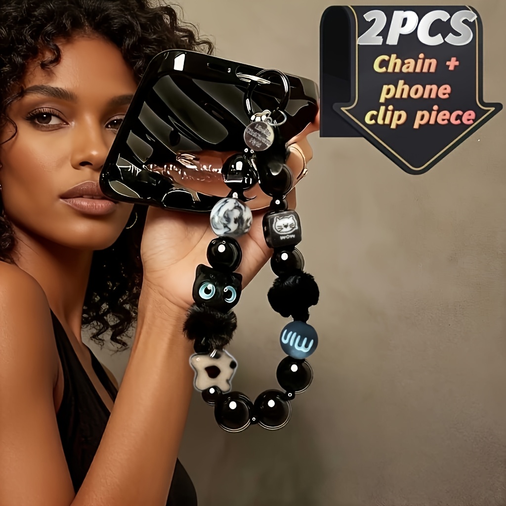TEMU 2pcs Luxury Ladies' Style Phone Charms | High- Obsidian Acrylic Beads With -step Mirror Polishing, Glossy Like Black Jade, Featuring Exquisite
