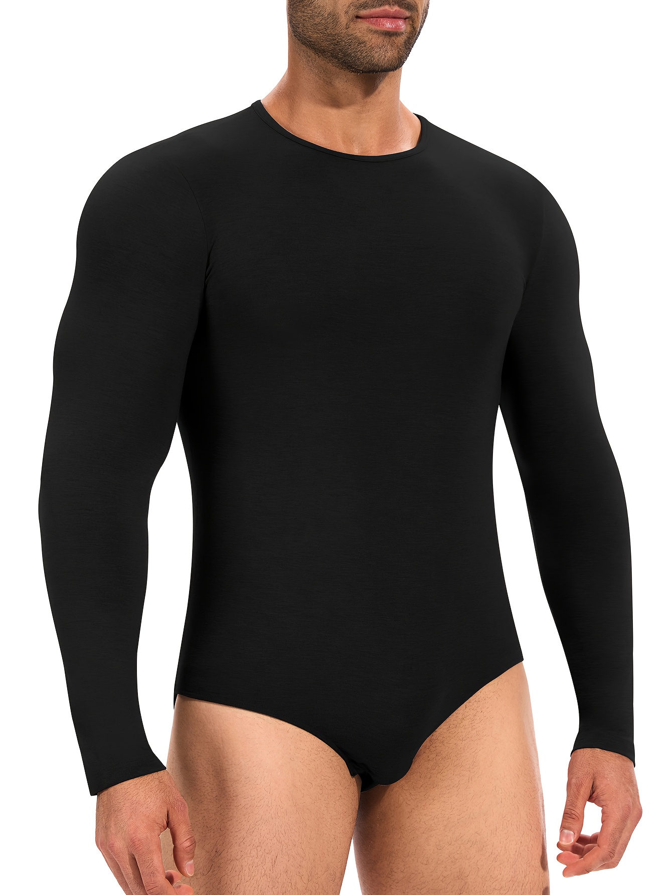 Men S Shaping Bodysuit with Long Sleeves, Round Neck, Modal Fabric,   Design for Sleepwear and Underwear Support, Suitable for Home Use, Solid Color, Sizes S-3XL