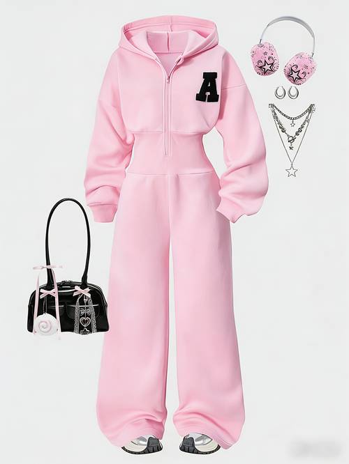 girls waist cinching hooded sweatshirt jumpsuit girly casual sweatpants autumn suitable for parties holidays and travel comfortable childrens clothing a perfect gift for